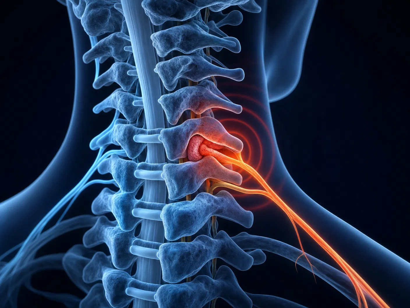 Ilustração 3D da compressão nervosa cervical: hérnia de disco comprimindo raiz nervosa com dor irradiada para o braço