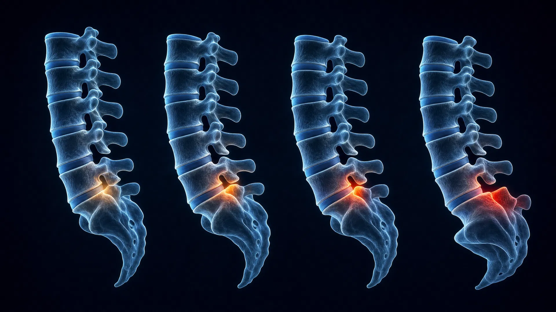 Quatro estágios de progressão da espondilolistese — Grau I a IV mostrando deslizamento vertebral progressivo com intensidade crescente de glow
