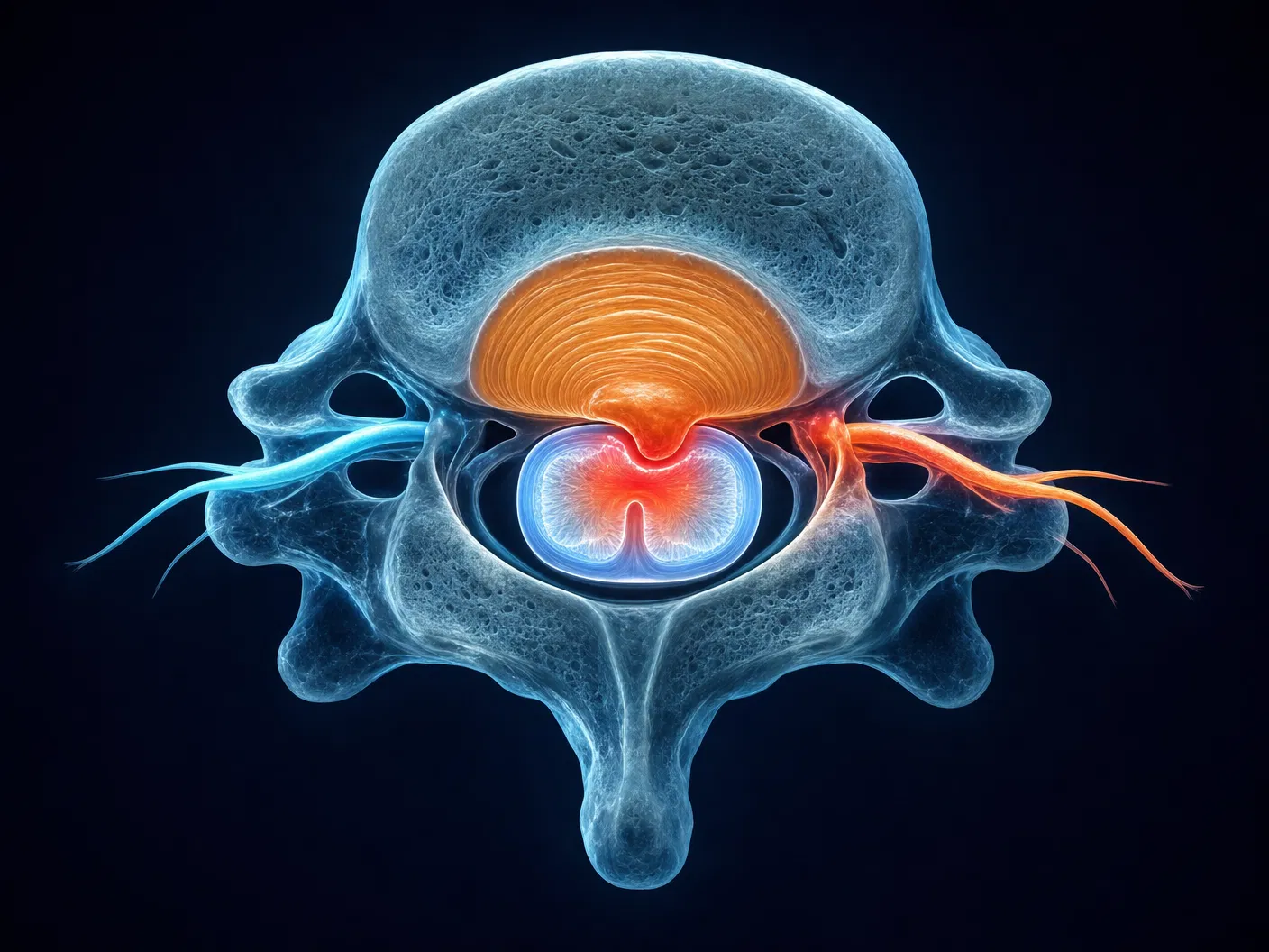 Vista axial de vértebra cervical mostrando hérnia de disco comprimindo a medula espinhal e raiz nervosa — mielopatia cervical