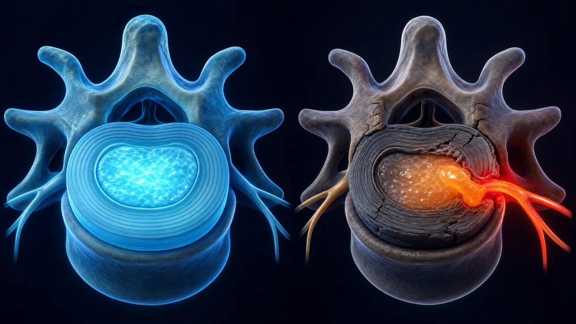 Comparação 3D entre disco intervertebral saudável (azul-cyan, núcleo íntegro) e disco herniado (material extruindo posteriormente com compressão nervosa em vermelho-laranja)