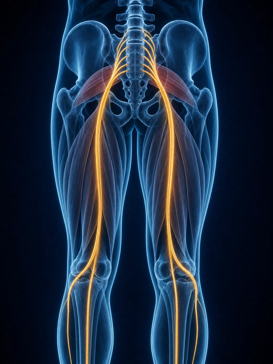Ilustração 3D do trajeto anatômico do nervo ciático — vista posterior mostrando raízes nervosas L4-S3 convergindo em tronco único, passando pelo piriforme e descendo bilateralmente pela coxa posterior até abaixo do joelho