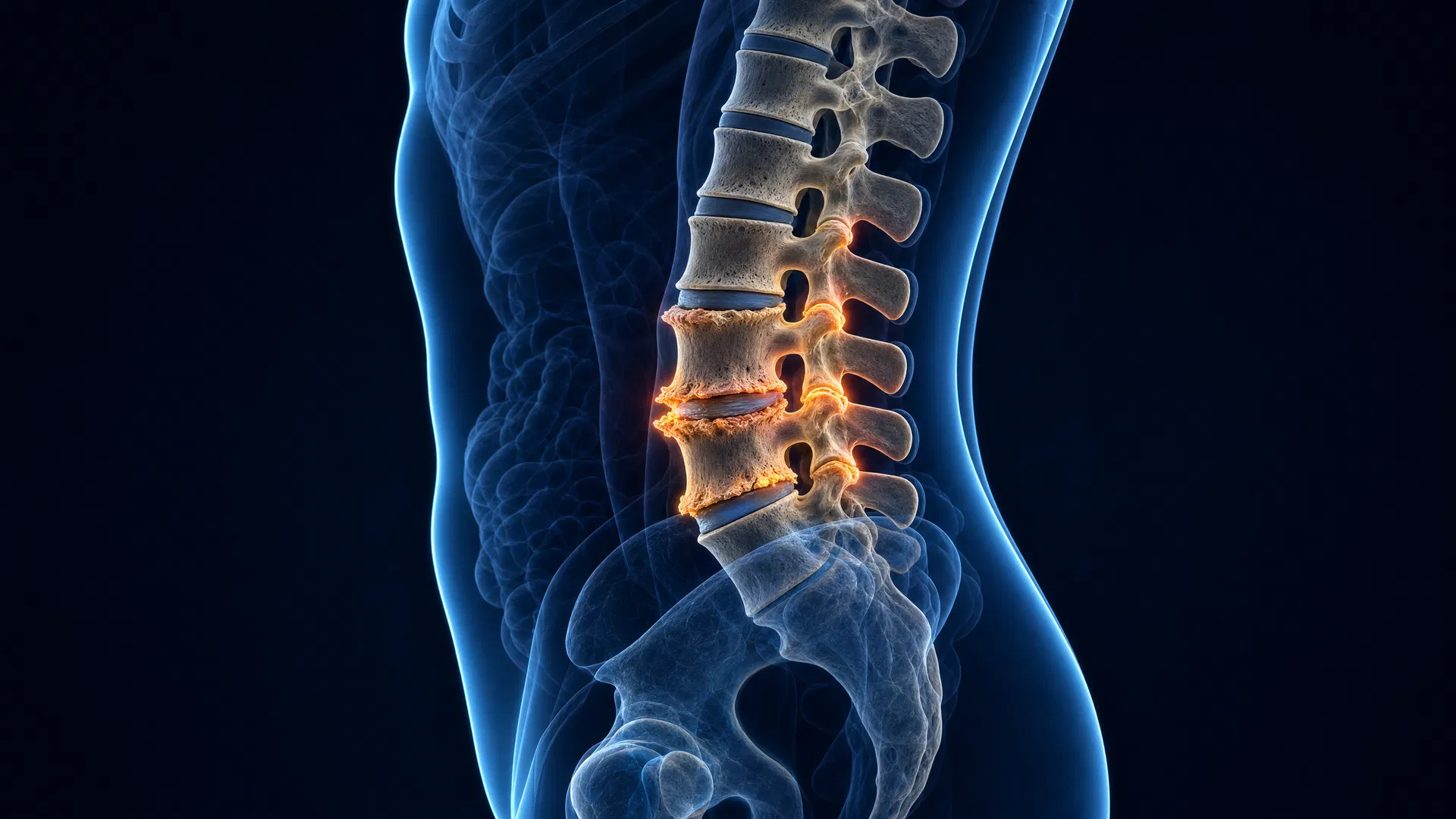 Ilustração 3D de artrose na coluna lombar mostrando osteófitos, degeneração discal e hipertrofia facetária