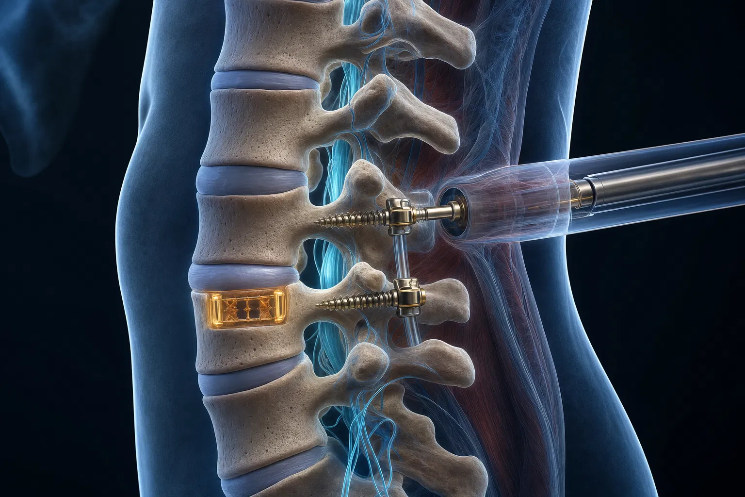 Cirurgia minimamente invasiva da coluna — ilustração 3D mostrando fixação percutânea com parafusos pediculares e cage intersomático