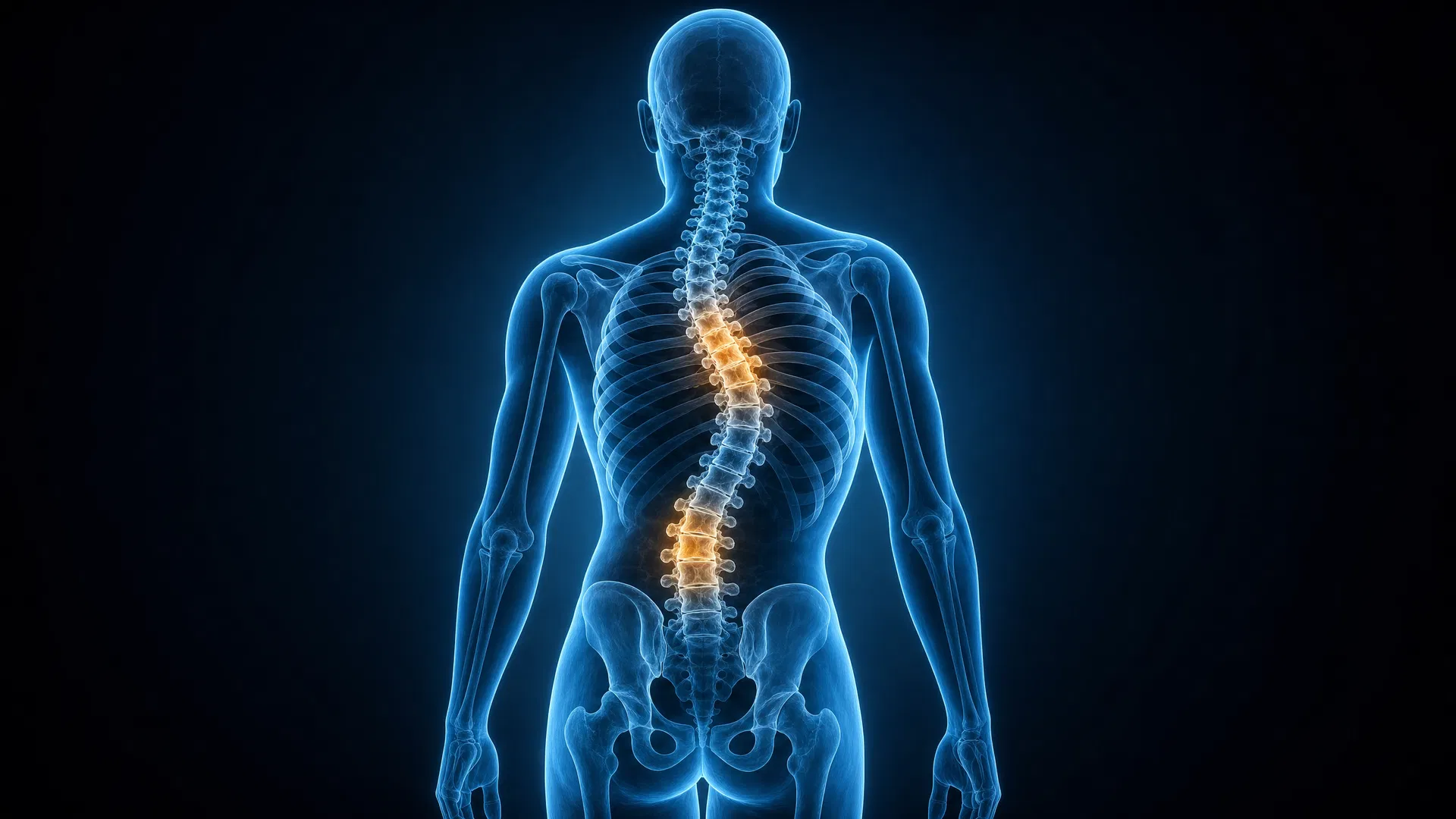 Ilustração 3D premium mostrando deformidade da coluna vertebral (escoliose) em vista posterior, com curvatura lateral em S e vértebras do ápice destacadas em âmbar