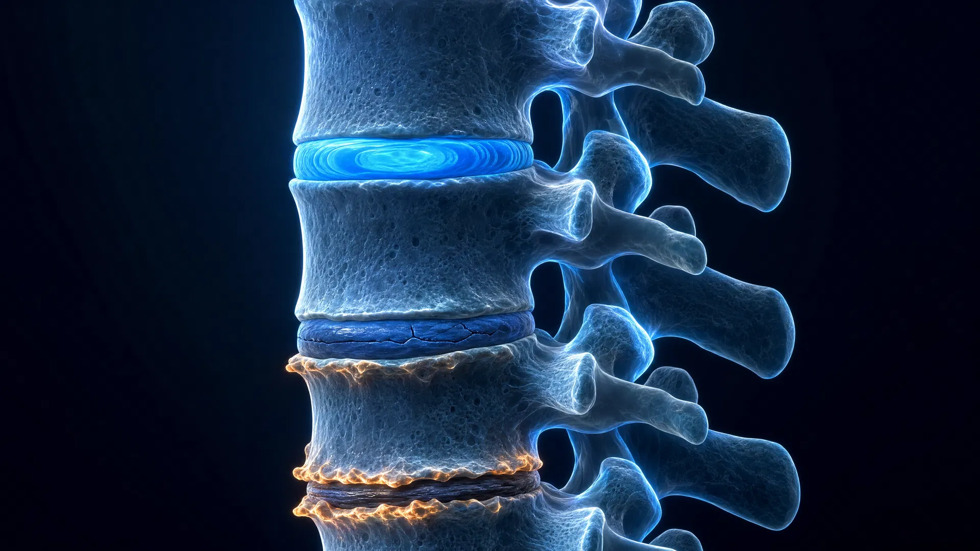 Ilustração 3D premium mostrando a progressão da degeneração discal lombar: disco saudável no topo, degeneração moderada no meio e degeneração avançada com osteófitos na base