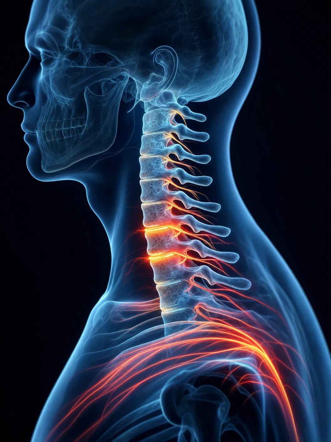 Ilustração 3D premium da coluna cervical com nervos irradiando dor para o ombro e braço