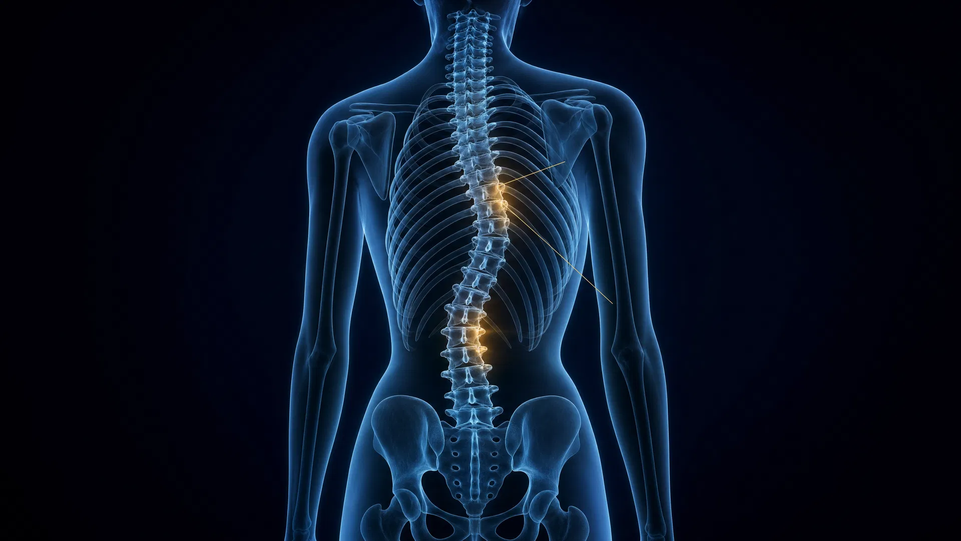 Ilustração 3D premium de escoliose — vista posterior mostrando curvatura lateral em S da coluna vertebral com destaque amber-gold nos ápices das curvas