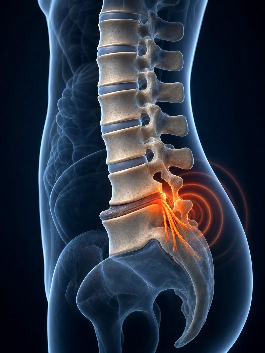 Ilustração 3D premium de espondilolistese L5-S1 — vista lateral sagital mostrando deslizamento anterior da vértebra com compressão nervosa