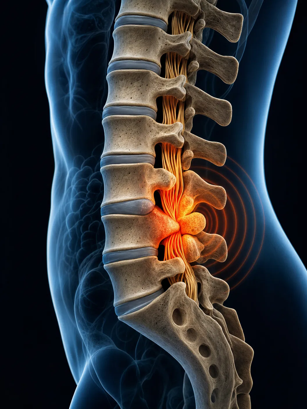 Ilustração 3D premium de estenose do canal lombar — vista lateral sagital mostrando estreitamento do canal vertebral com compressão nervosa em amber-orange