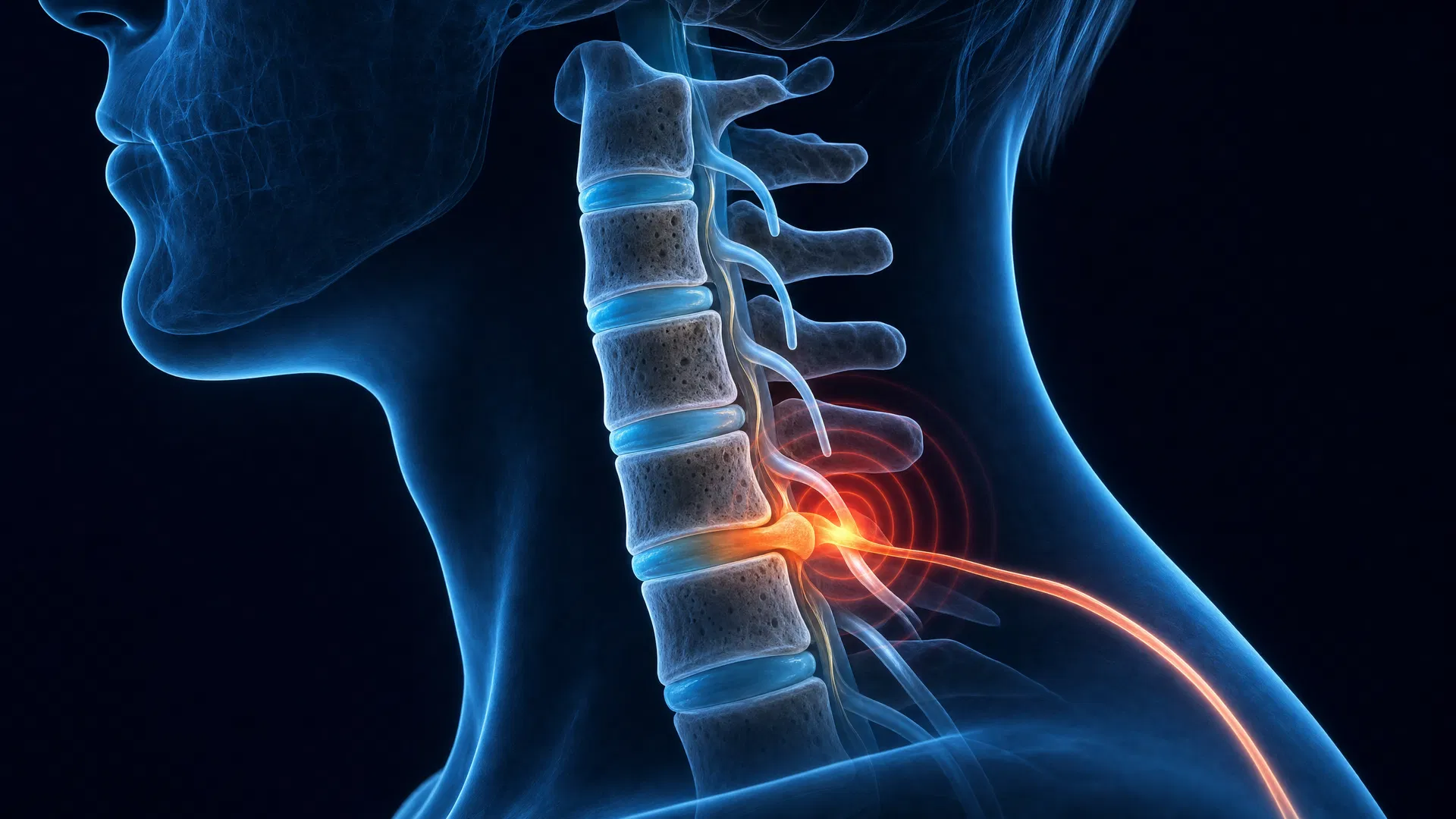 Ilustração 3D premium de hérnia de disco cervical com compressão de raiz nervosa na coluna cervical
