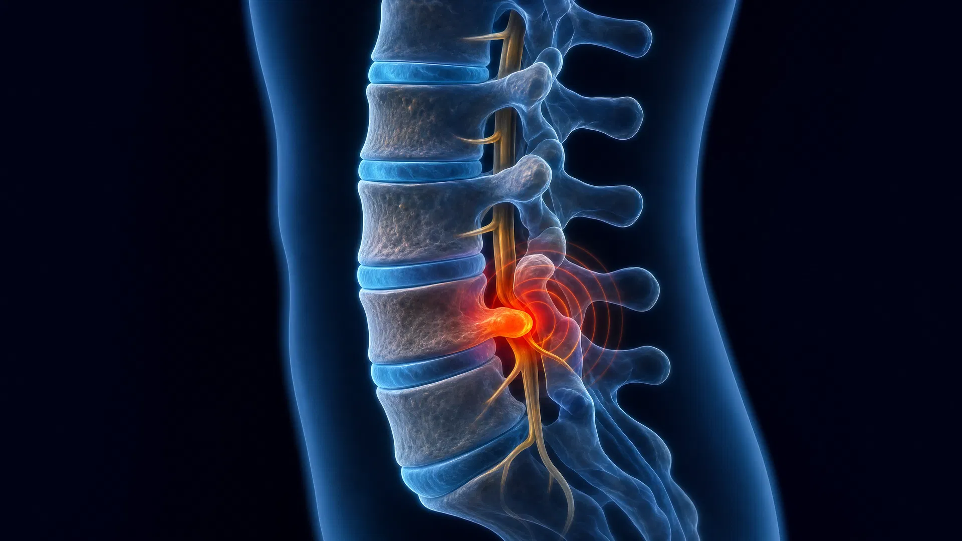 Ilustração 3D premium de hérnia de disco lombar — vista lateral sagital mostrando herniação discal com compressão nervosa e anéis de dor irradiada