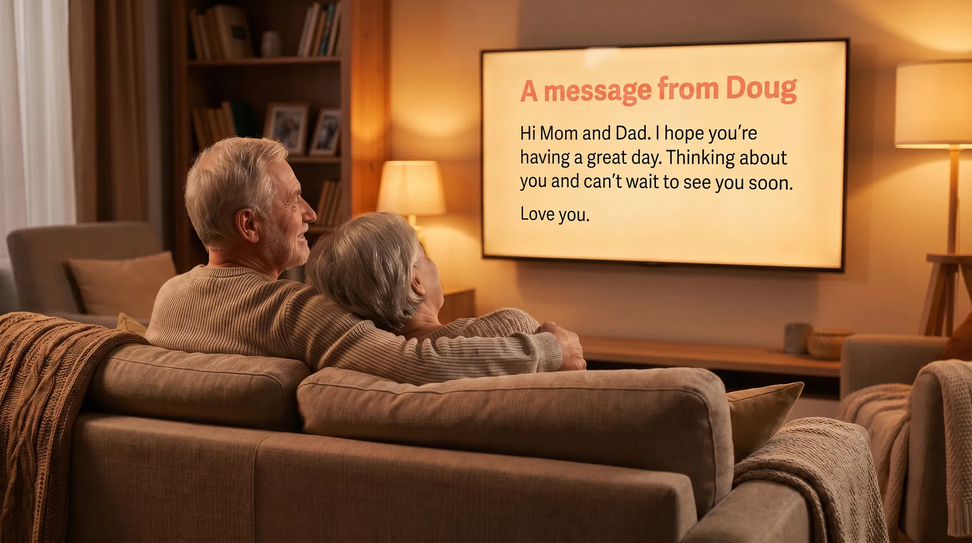 An older couple sitting together on a sofa, looking at the TV screen showing a Hi Mom message from their family