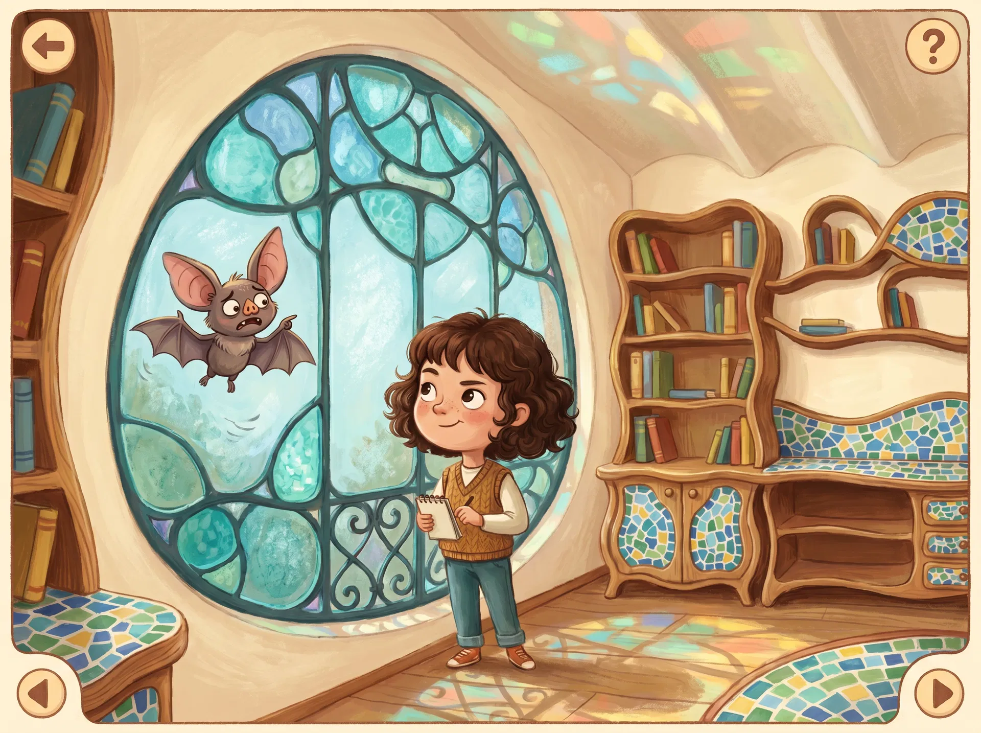 Illustrazione narrativa di Paloma, del pipistrello e del drago sul tetto di Casa Batlló