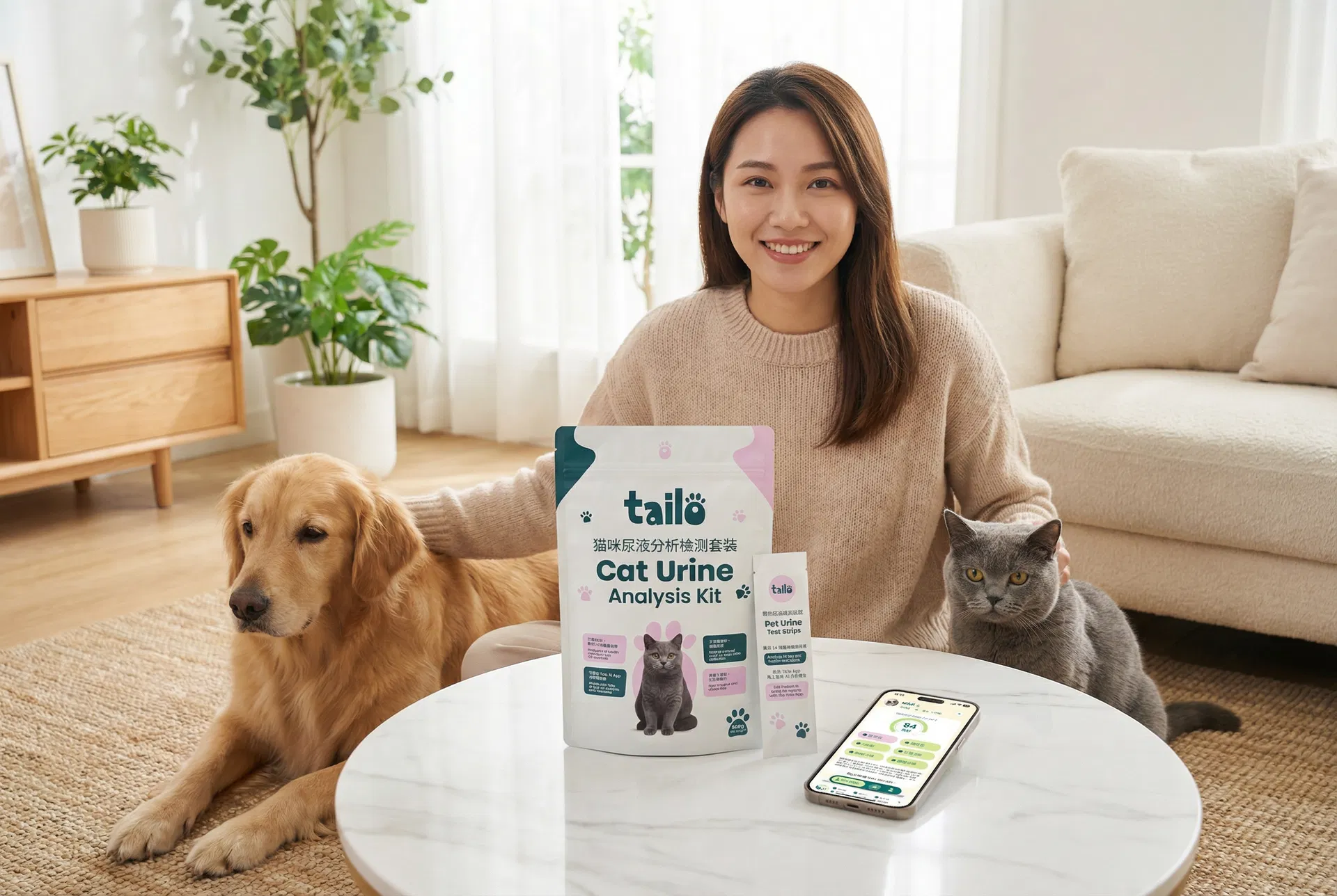 主人在家中與貓狗一起使用 Tailo 寵物健康檢測套裝