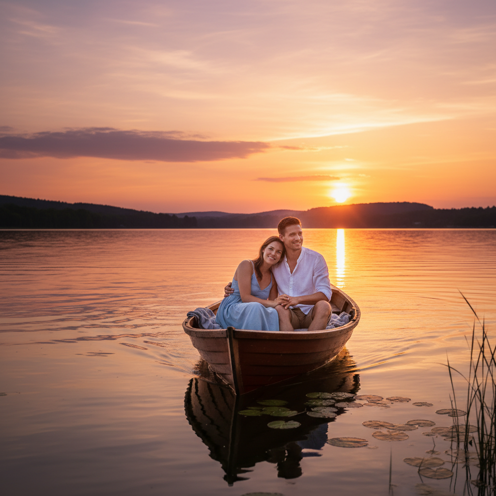 a couple in a boat in lake in sunet