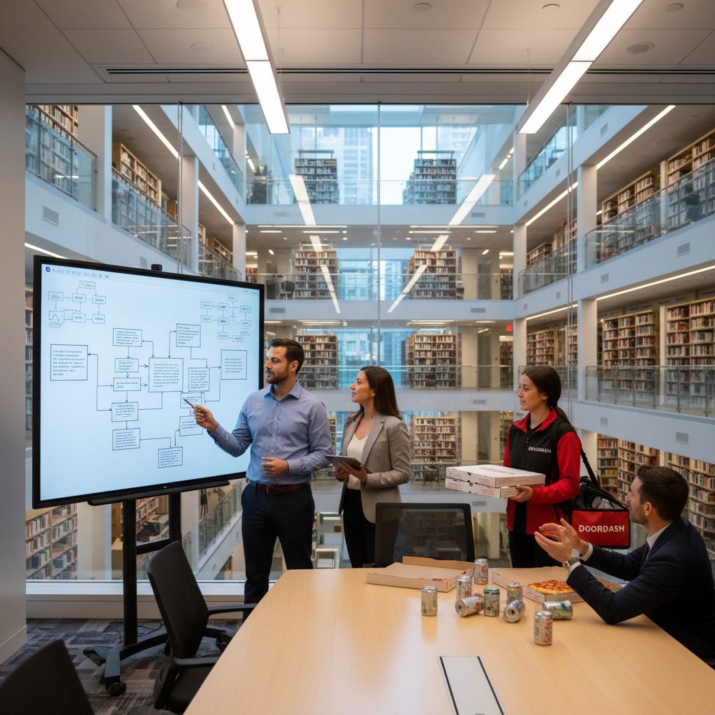 two professionals discuss software design in front of a white board at a conference room in a modern library when a DoorDash pizza delivery girl just hand in to the table