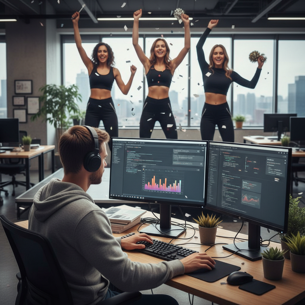 a developer working hard on computer project, he is generating a dashboard girls are dance behind the table cheering for him