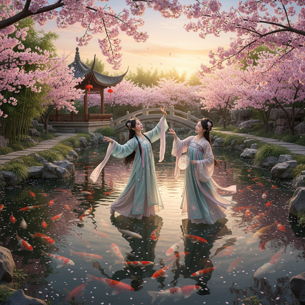 A serene chinese garden with cherry blossoms and a koi pond, with 2 beautiful girls dancing and singing