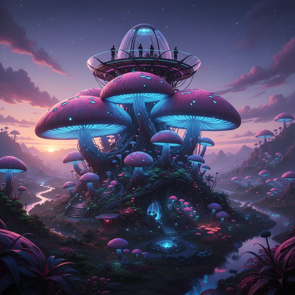 Create me a mountain made from large mushrooms that glow pink and blue. Add a observation deck at the top.