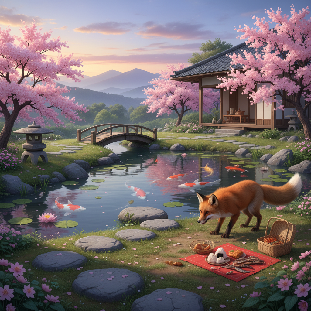 A serene Japanese garden with cherry blossoms and a koi pond. a fox is in a corner and greedy for the food left aside.