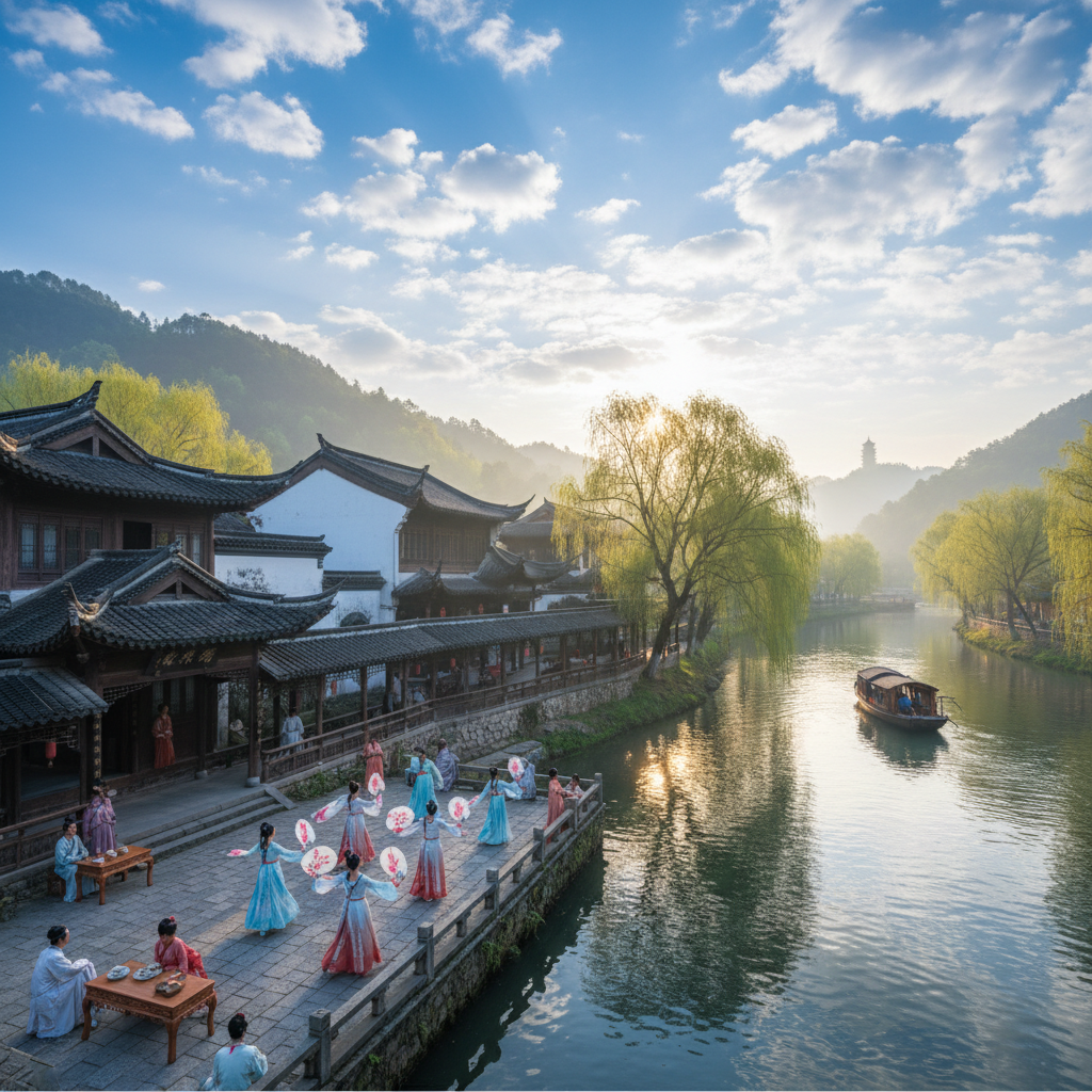 a Chinese style river side house with people and tree and dancing girls, blue sky white cloud, sunshine morning