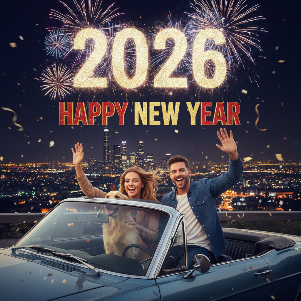 a couple in car with their dog and wave and 2026 happy new year