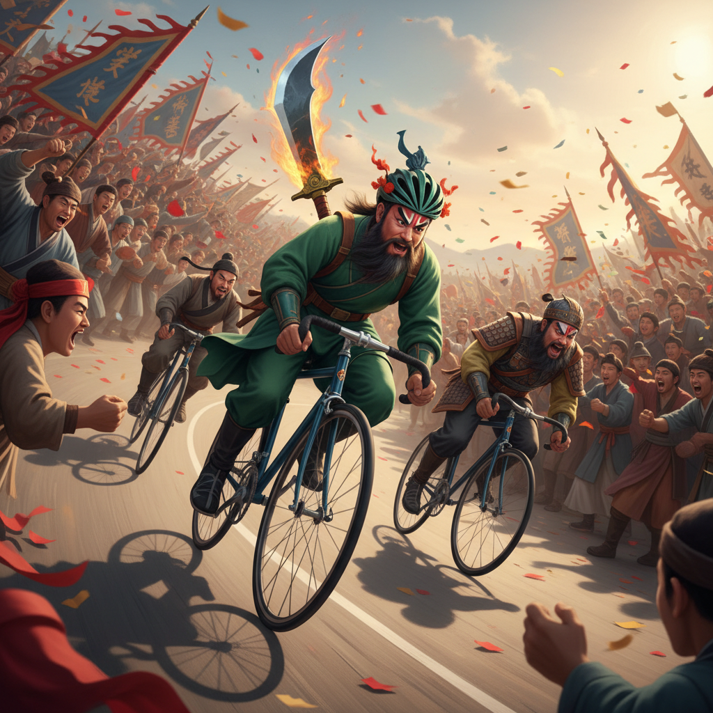 关羽身体向前手扶着自行车握把猛骑后面背着青龙偃月刀，在一个赛场上。 紧跟其后面的有刘备和张飞。 场外是观众热情的呼喊。