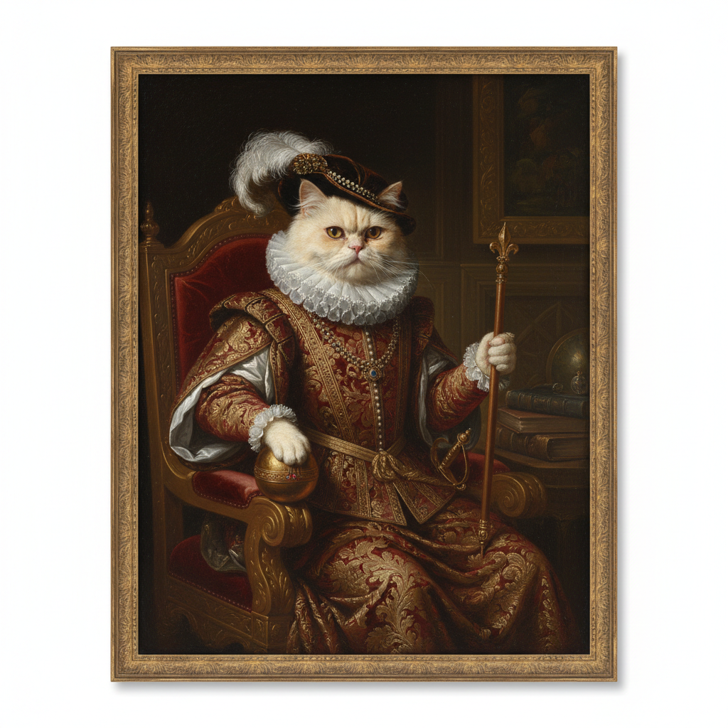 A cat as a Renaissance noble, oil painting, regal posture, dramatic lighting