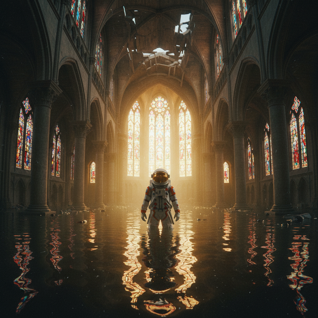 A lone astronaut standing in a flooded cathedral, sunlight refracting through stained glass, cinematic lighting, ultra-wide shot, 35mm film grain