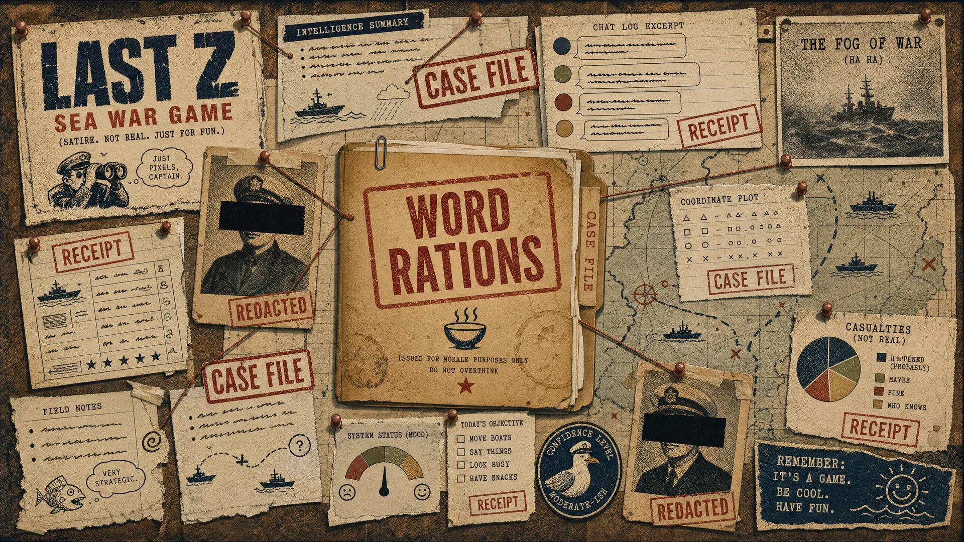Retro corkboard of fictional Last Z receipts, redacted portraits, and word rations