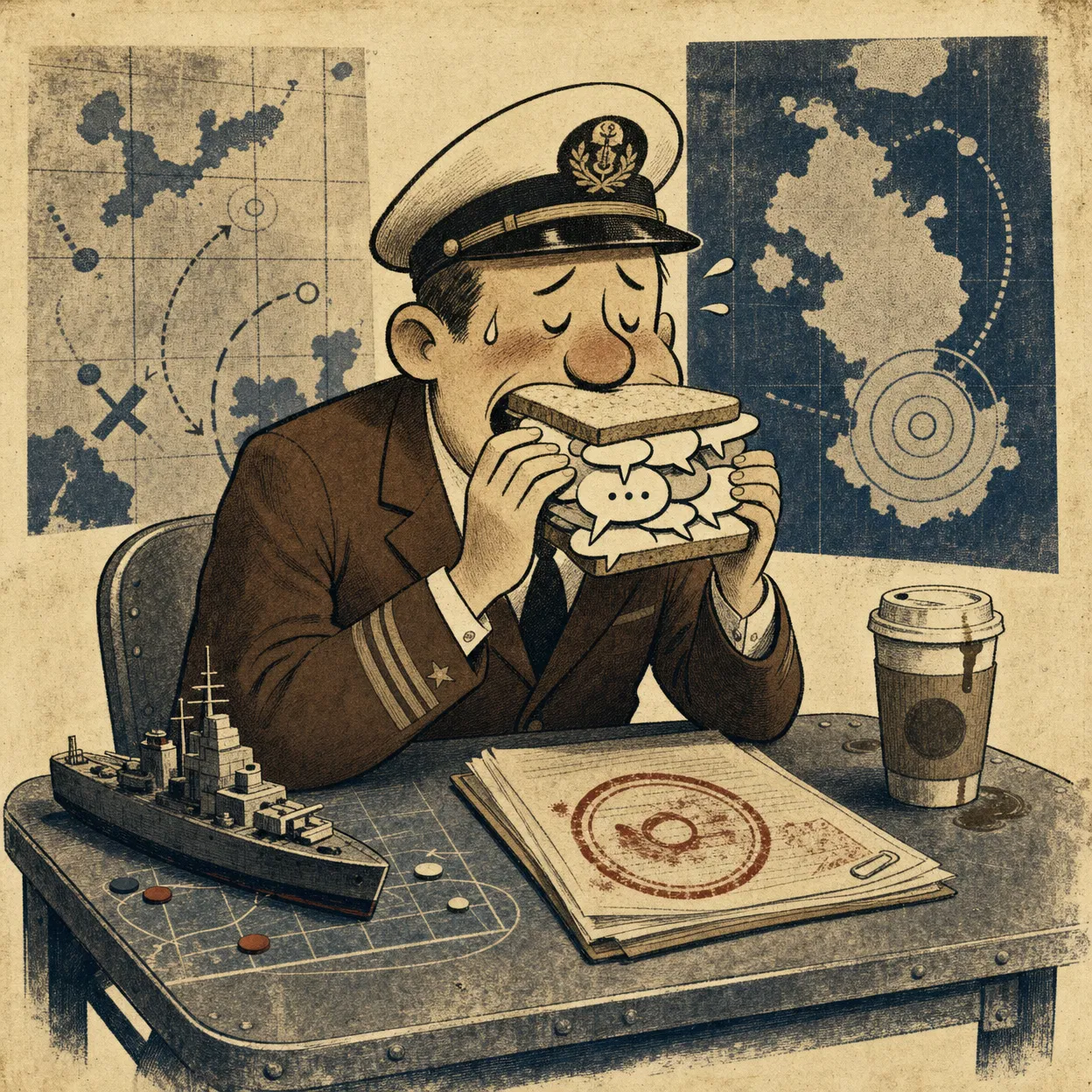 Satirical retro illustration of an embarrassed fictional commander eating a paper speech-bubble sandwich