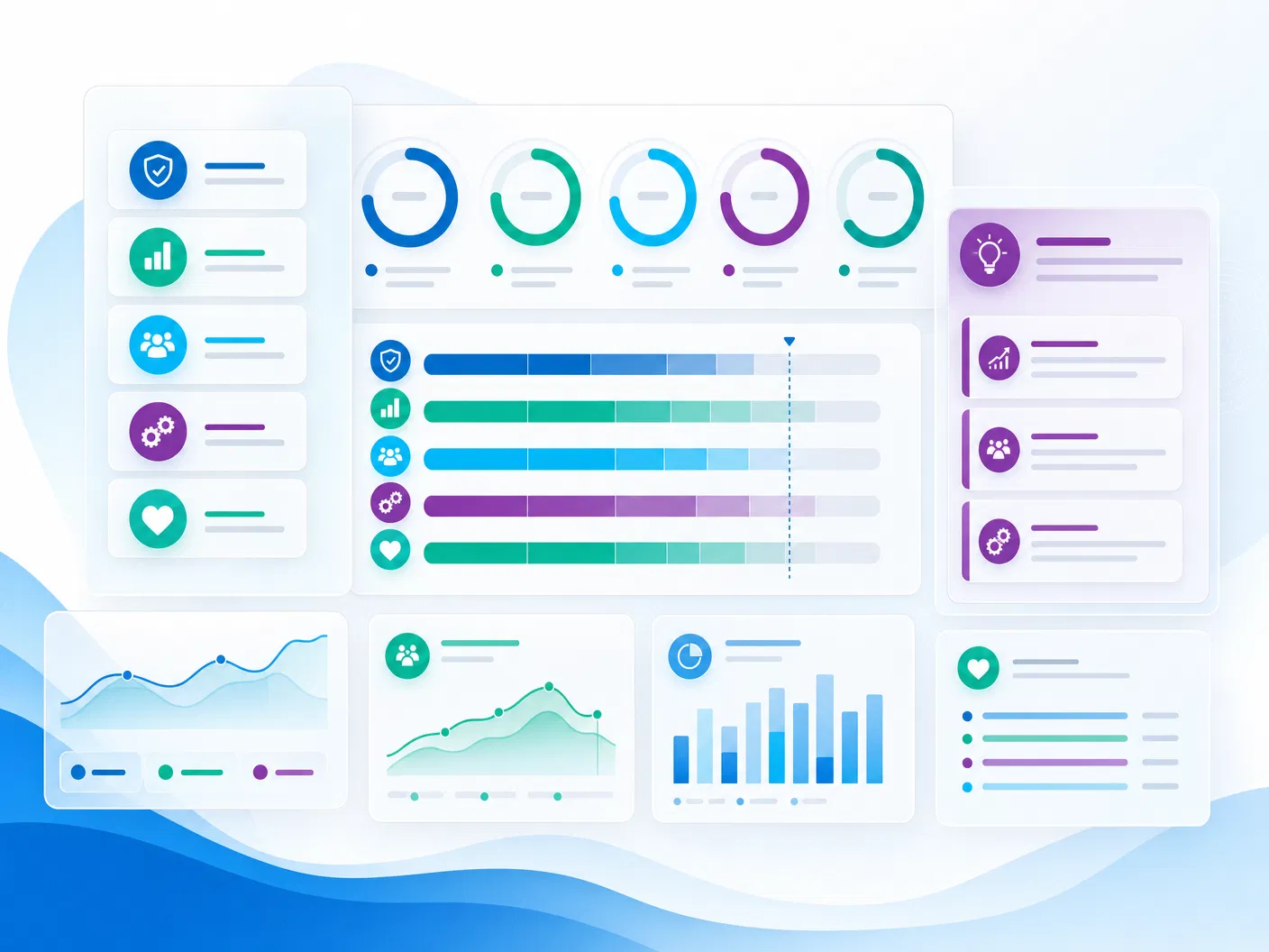 Abstract dashboard showing organizational health scores and recommendation panels