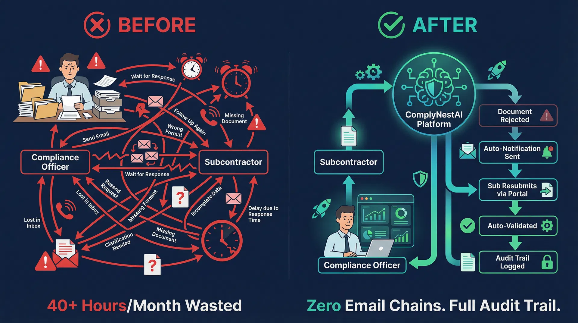 Before and After: Manual email workflow vs ComplyNestAI automated cure-and-resubmit workflow