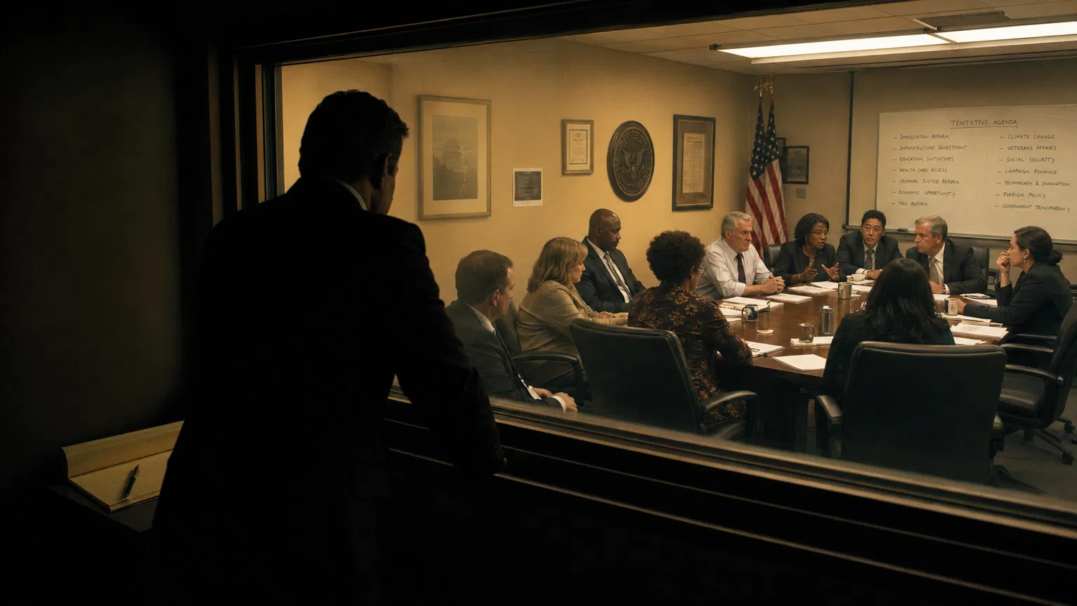 ELEVEN TO ONE key art — Marsh watches through the glass as twelve citizens deliberate