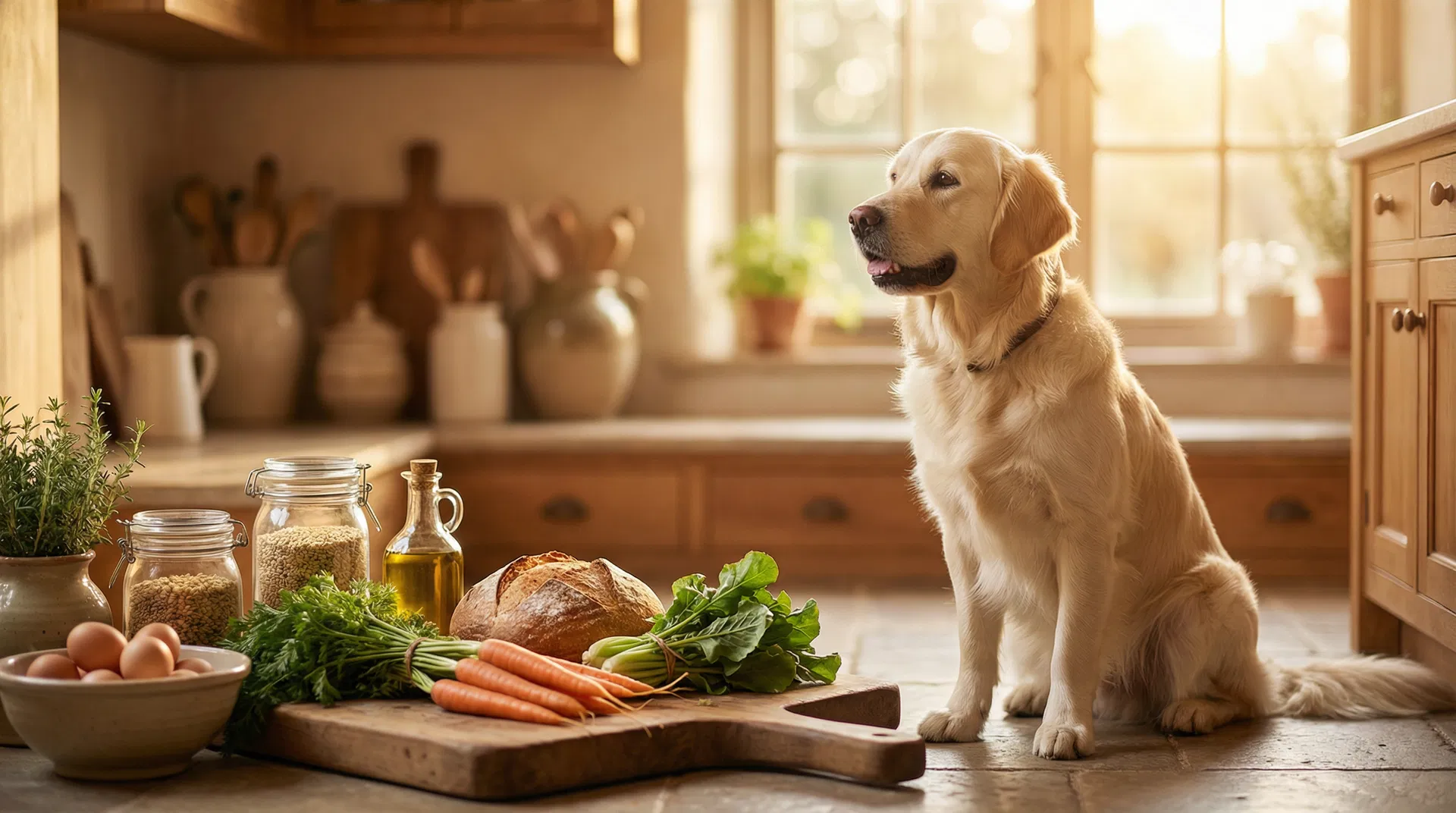 A golden retriever in a warm kitchen with fresh ingredients