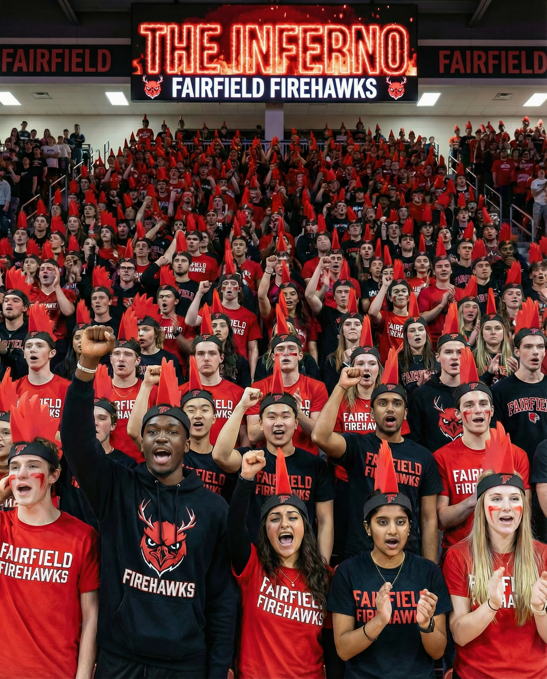 The Inferno student section wearing fire mohawks