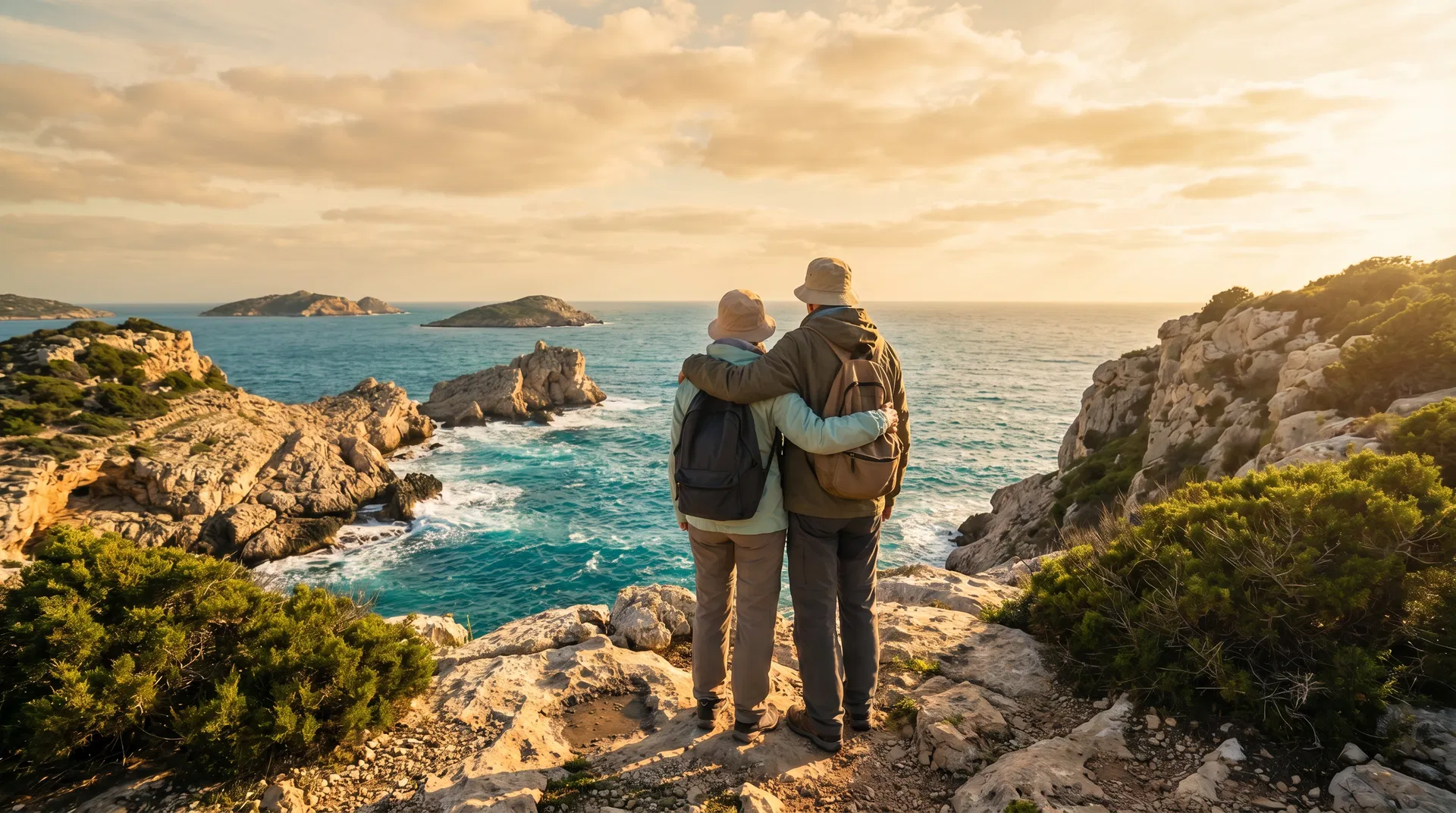 Retired couple on coastal cliff overlooking turquoise water at golden hour