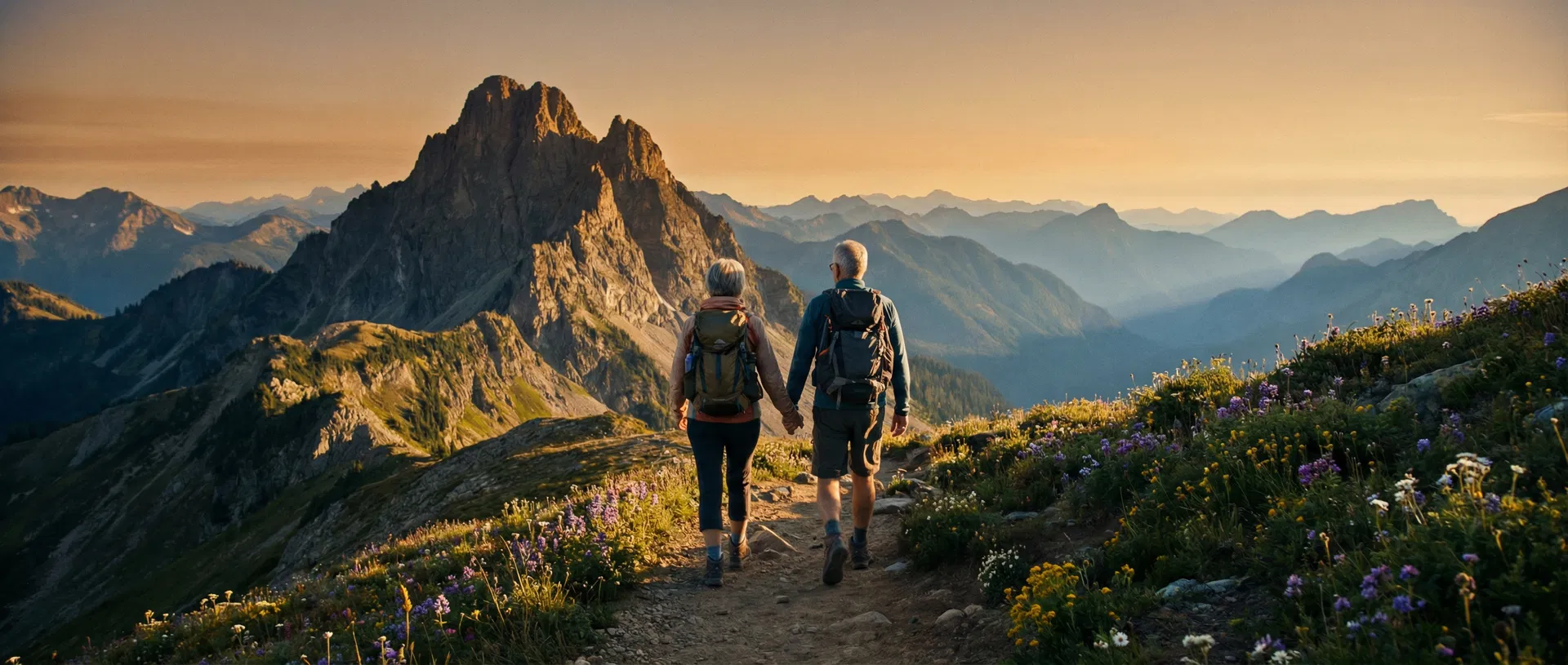 Couple hiking toward mountain summit at golden hour