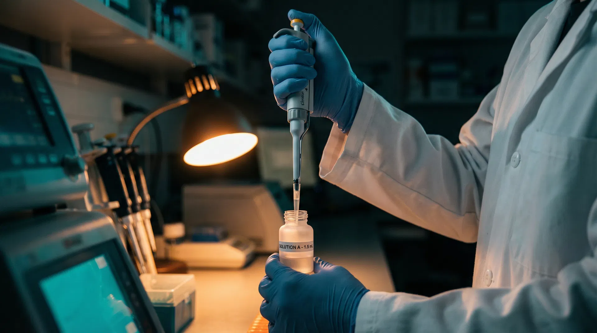 Researcher using precision micropipette