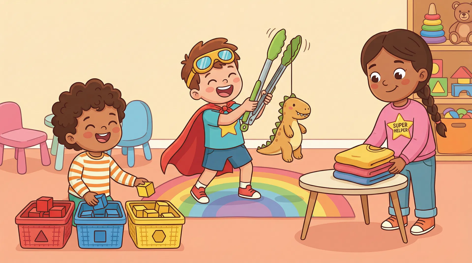 Three kids of different ages doing their version of the clean-up challenge