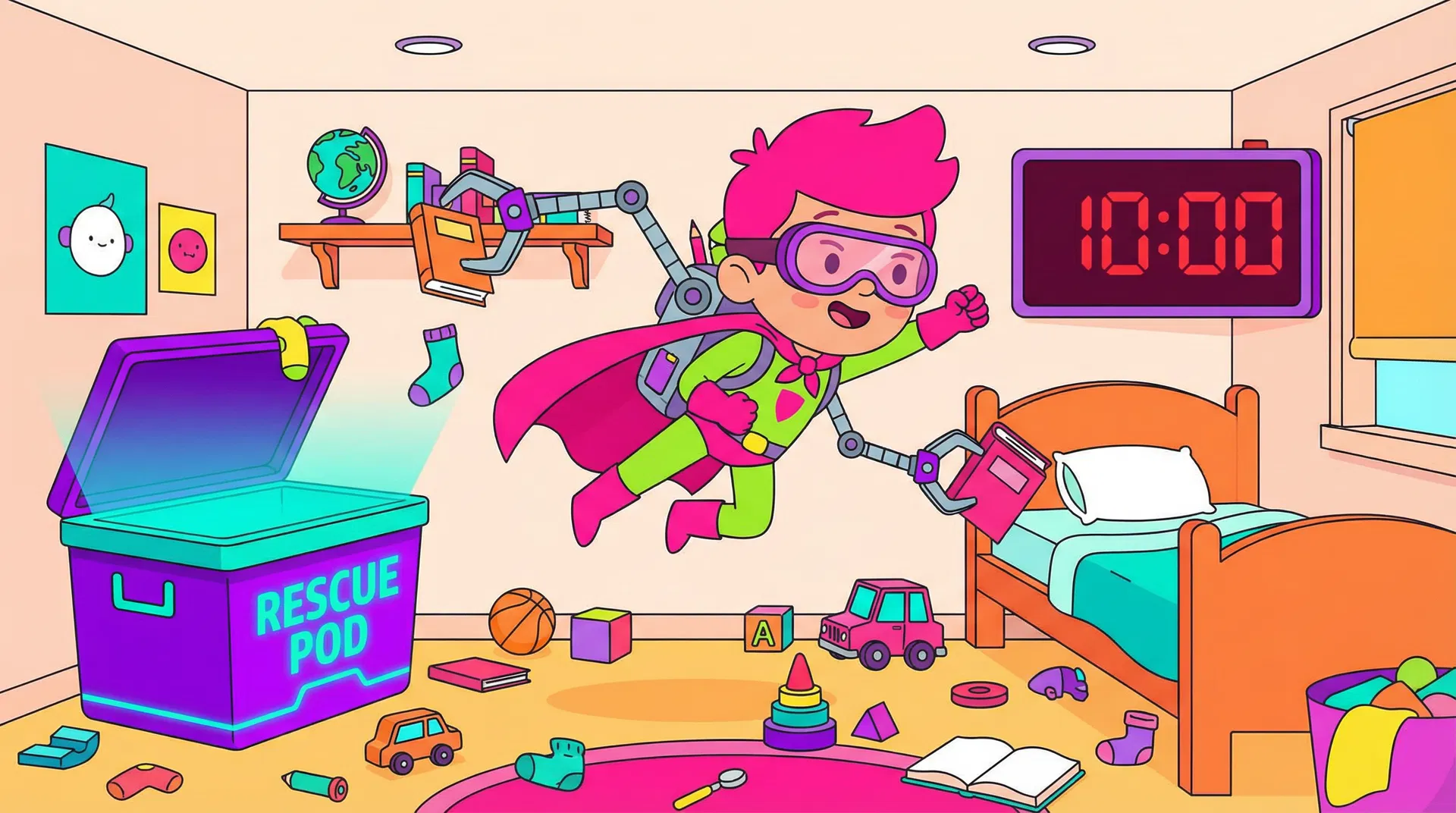 Superhero kid zooming around with robot arms loading items into a Rescue Pod