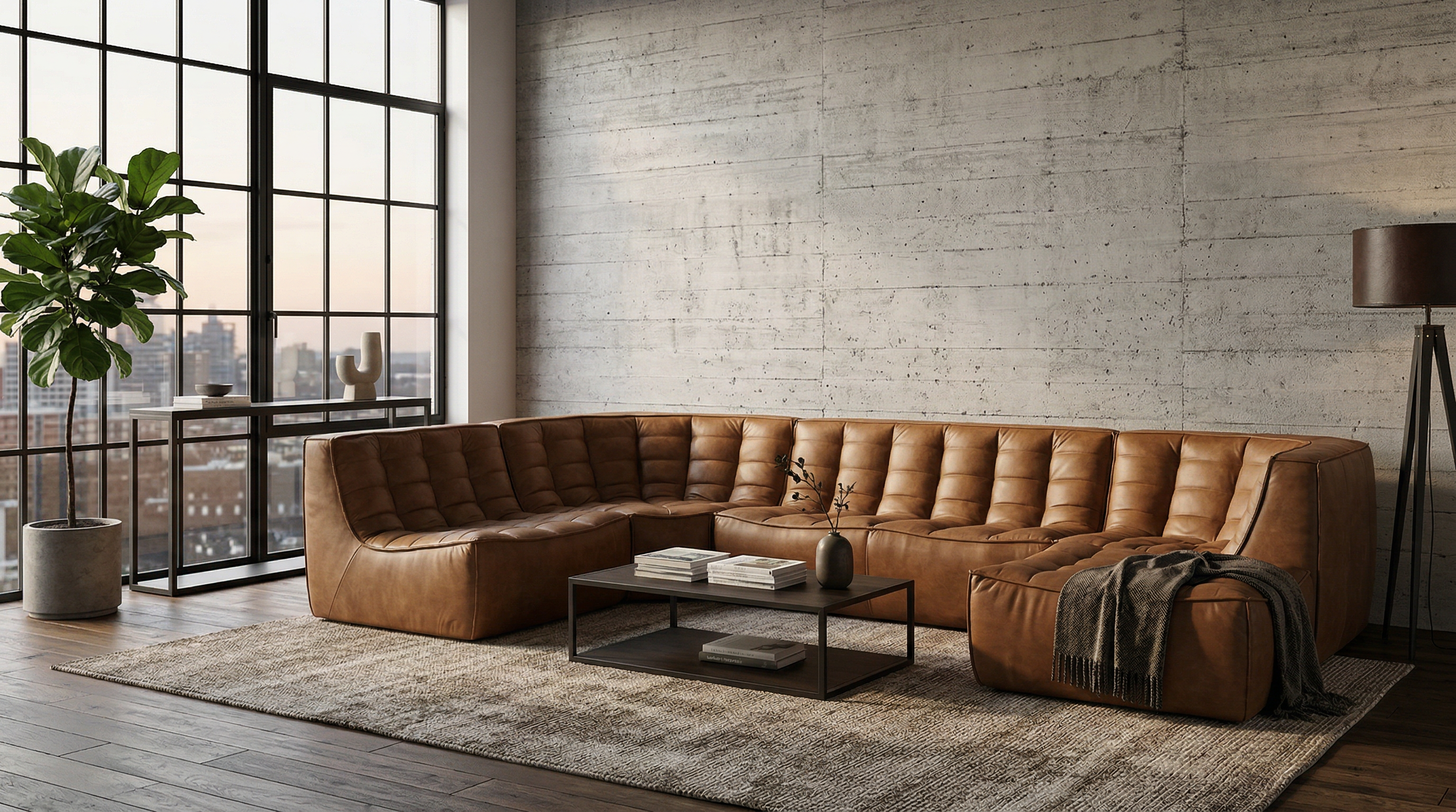 Waffle Leather Sofa - lifestyle view by FOBOO
