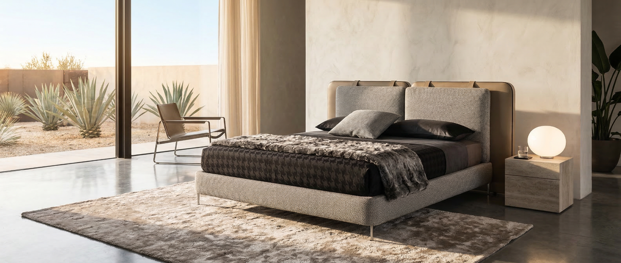 The Nova Upholstered Bed - cinematic hero shot