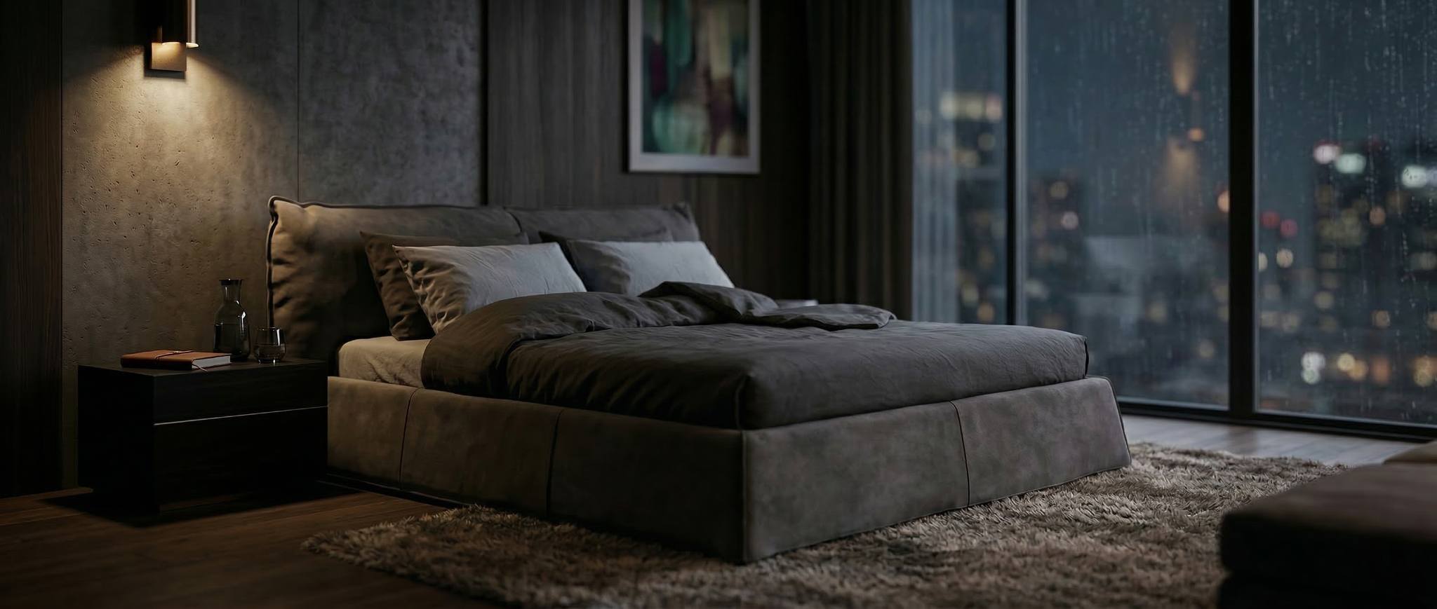 The Luna Upholstered Bed - cinematic hero shot