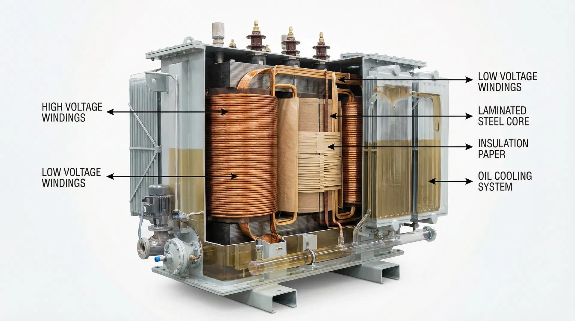 Transformer Main Components Explained: Core, Windings, Tank, and Bushings