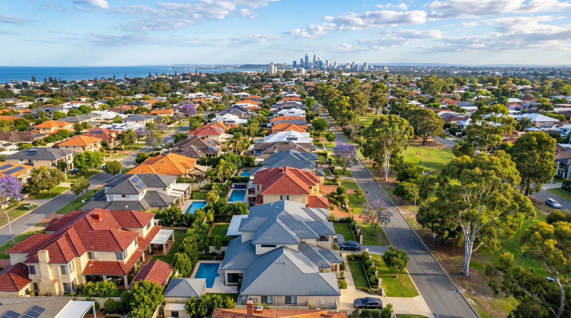 Aerial view of Perth residential suburbs showing homes and streets