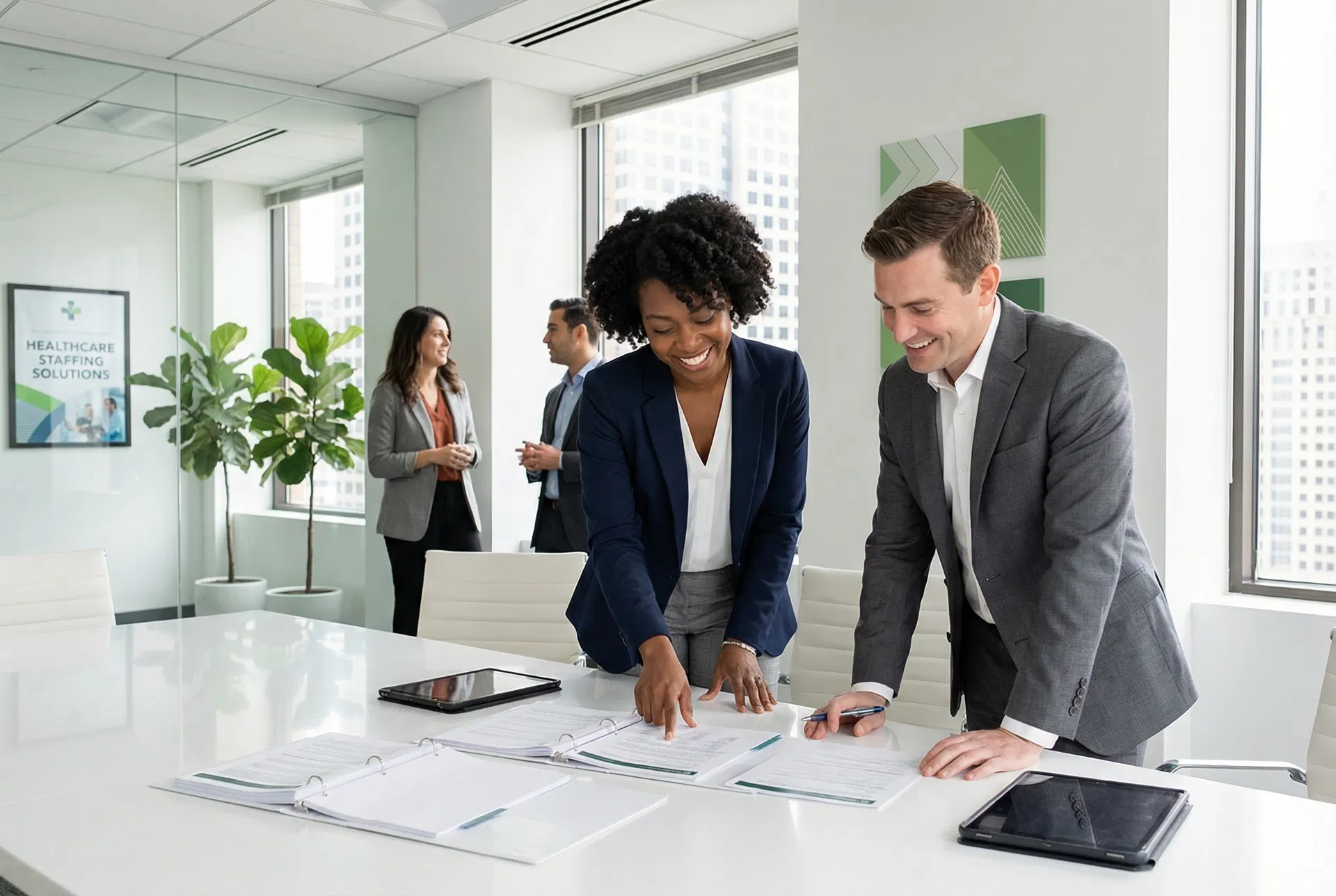 Diverse healthcare professionals reviewing agency documents in a modern office
