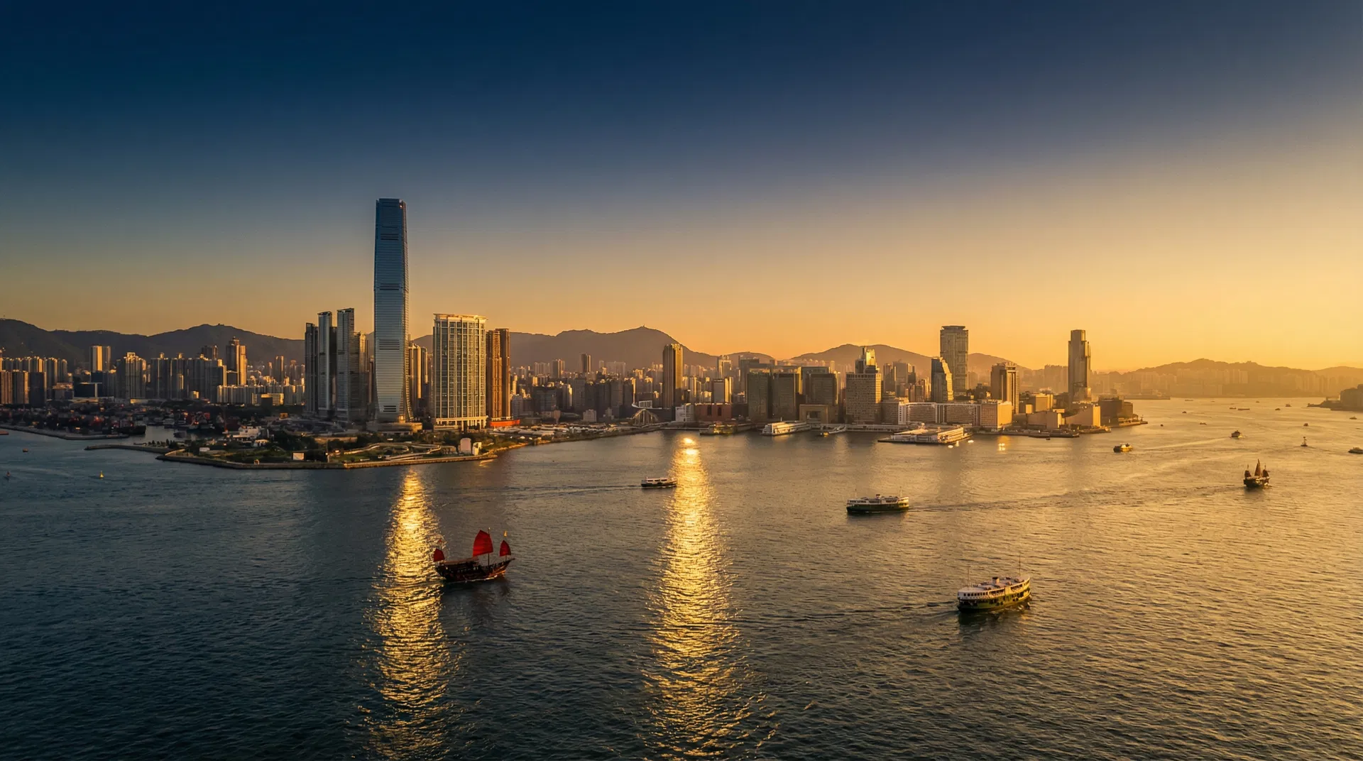 Hong Kong Victoria Harbour at golden hour