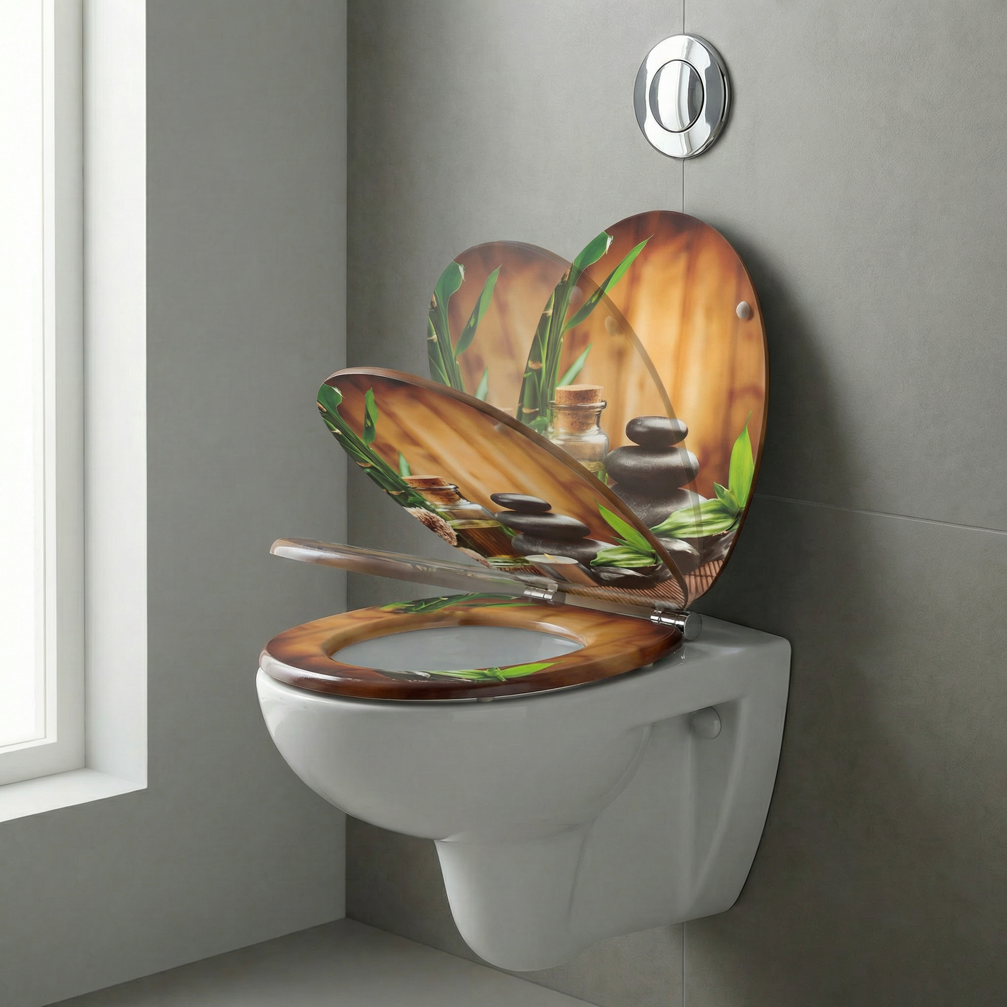 Nahaufnahme eines WC-Sitzes mit Absenkautomatik, der sich langsam schließt