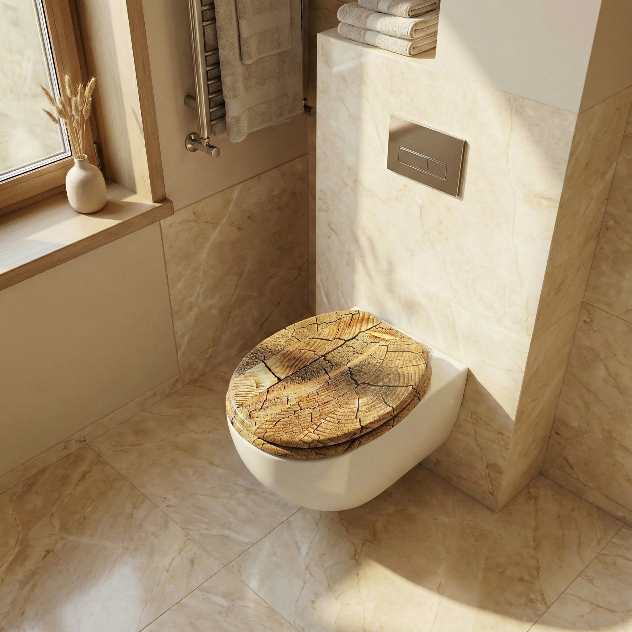 Eine Person reinigt einen WC-Sitz mit einem Mikrofasertuch und einem Sprühreiniger